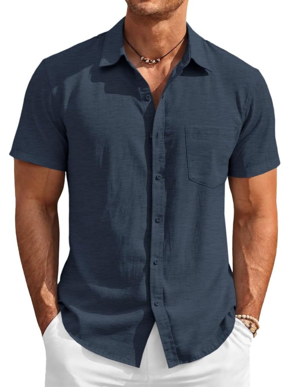 Men's Navy Button Down Linen Short Sleeve Casual Beach Wedding Shirt